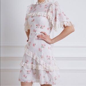 Needle & Thread Desert Rose Ballerina cotton eyelet dress ruffle beige mini 4